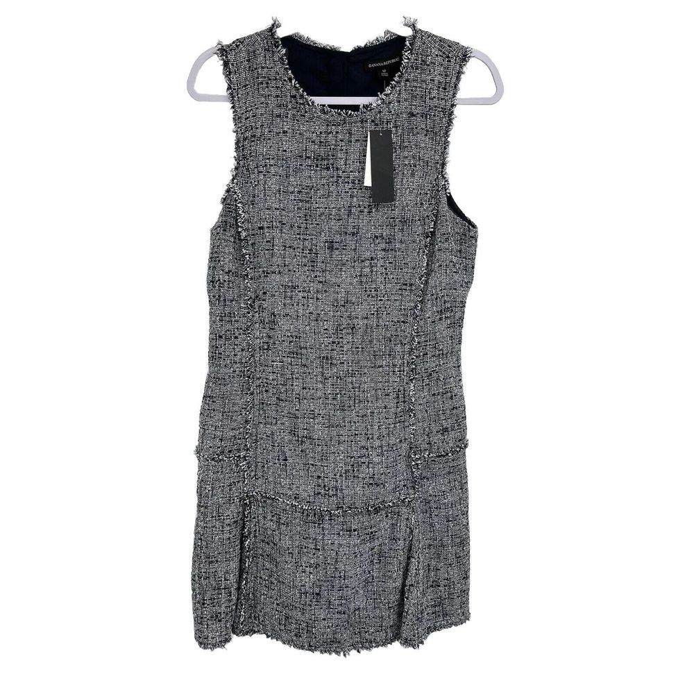 BANANA REPUBLIC Black Blue Tweed Shift Dress Size 12 Fringe Hem‎ Print Tweed